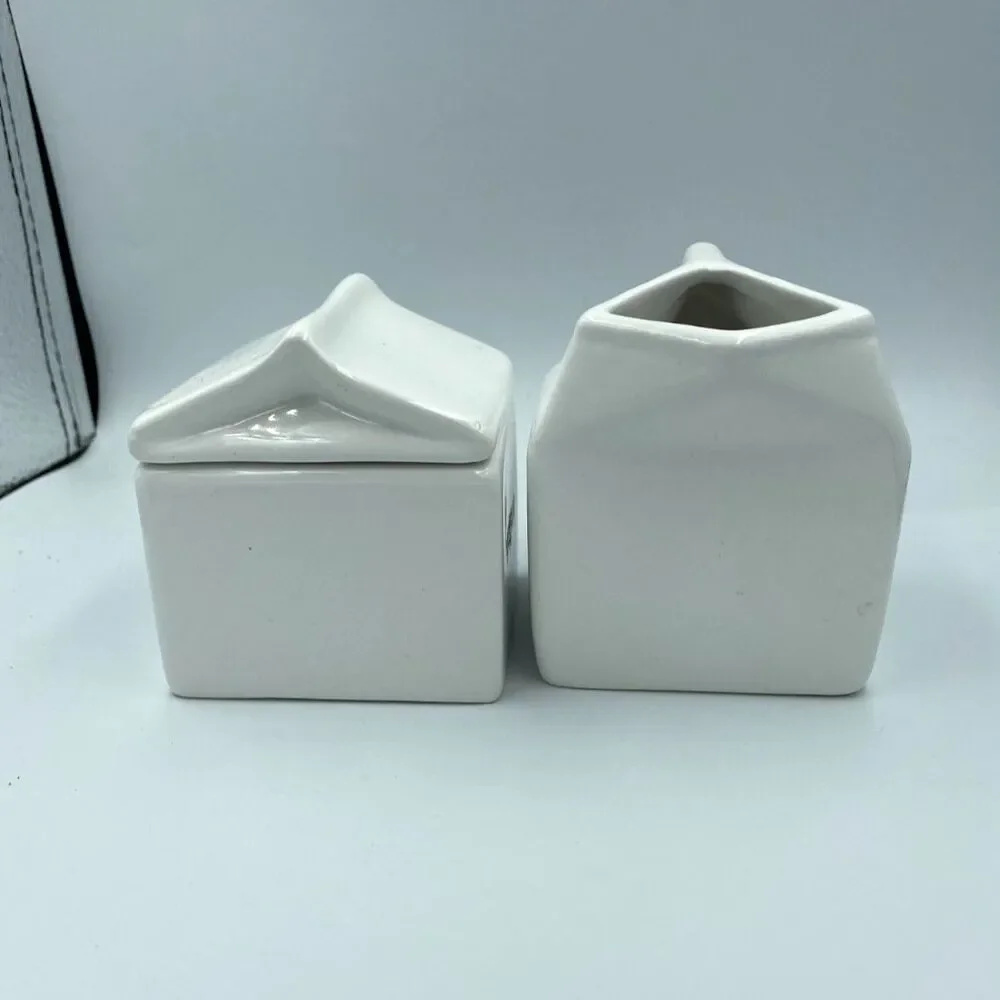 Crate & Barrel Farmhouse Sugar Bowl/Creamer White Ceramic Black Typewriter Text